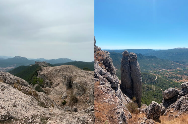 Panorámica desde la ruta de senderismo en Riópar, y piedra de los enamorados (derecha).