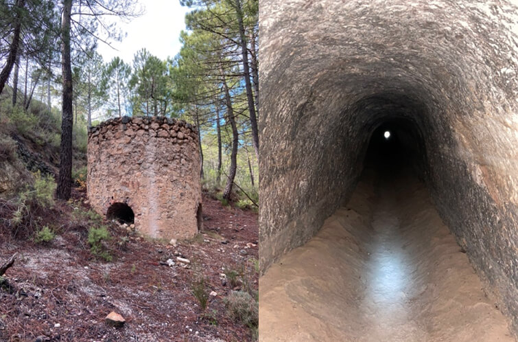 Detalle de ruinas y boca de una mina en el transcurso de la ruta de senderismo.